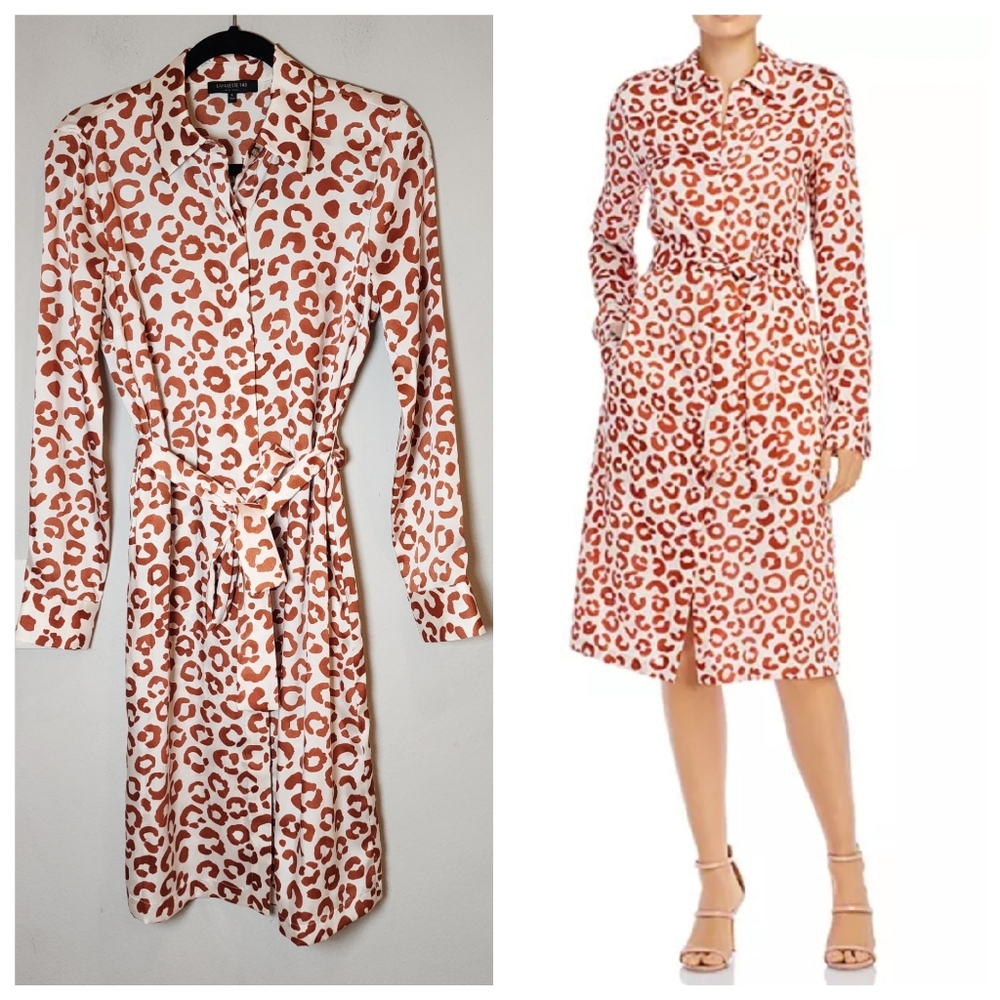 Lafayette 148 New York Leopard Mona Print Satin Shirt Dress Rust Brown Small